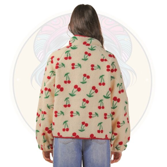 11C Ivory Cherry Graphic Fleece Sherpa Button Up Jacket - Picture 2 of 2